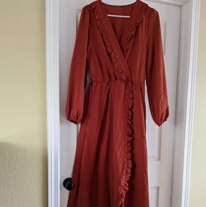 Boho burnt orange frill trim belted wrap hem belted maxi dress